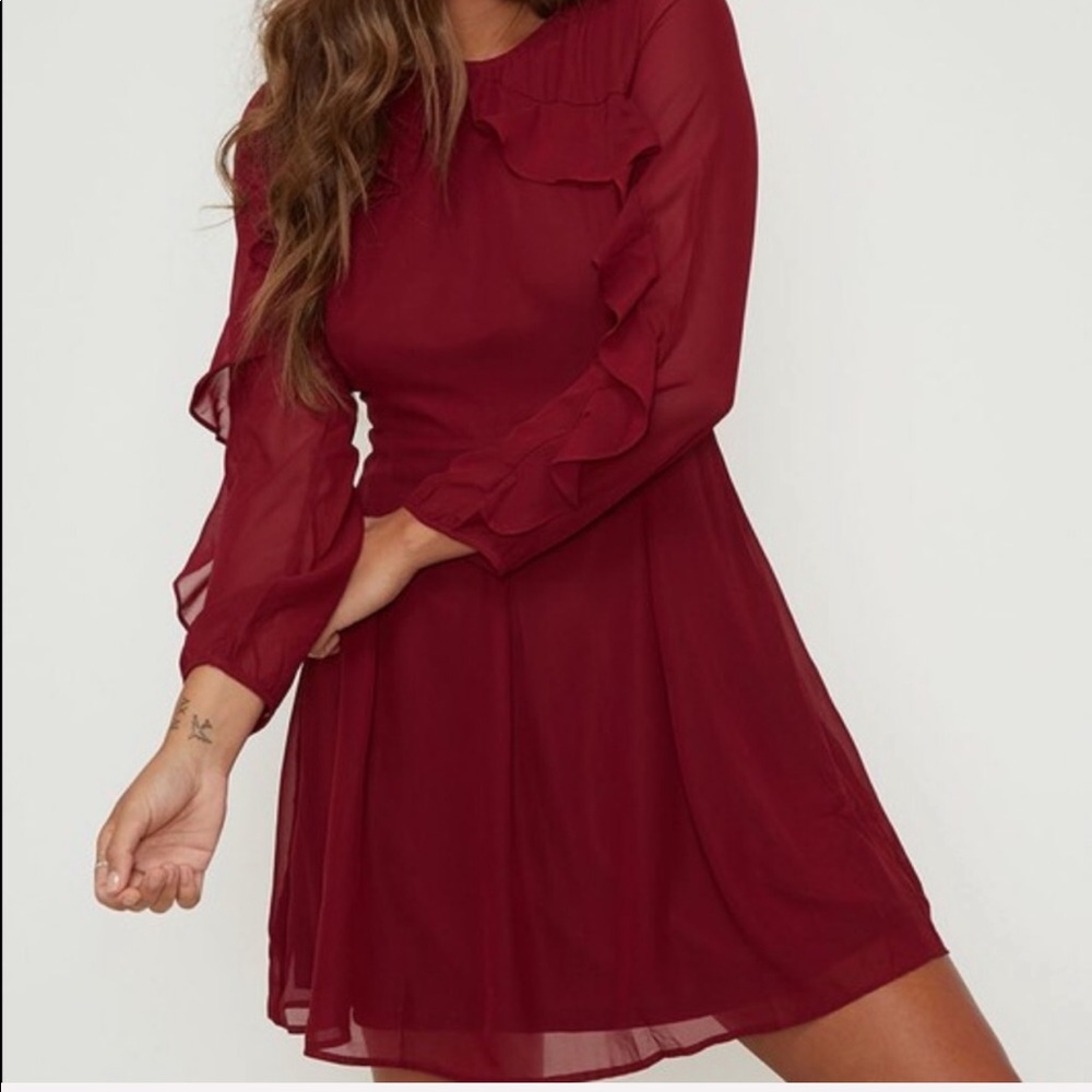Burgundy Ruffled Mini Dress - Picture 4 of 5